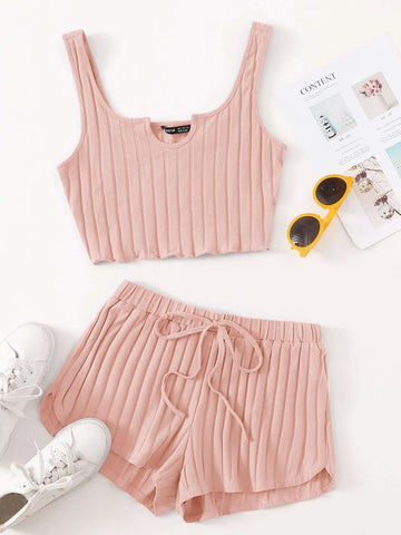 EZwear Notch Neck Rib-knit Tank Top & Shorts Set
