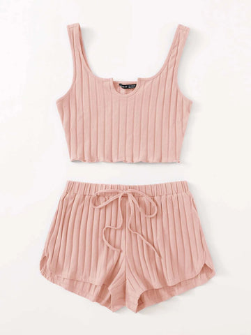 EZwear Notch Neck Rib-knit Tank Top & Shorts Set