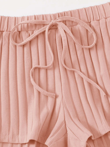 EZwear Notch Neck Rib-knit Tank Top & Shorts Set