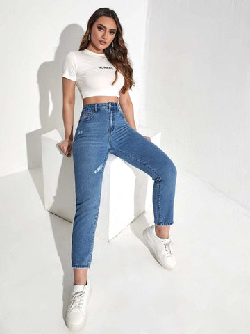 High Waist Ripped Frayed Mom Jeans