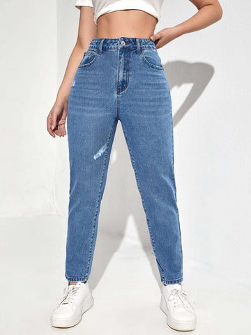 High Waist Ripped Frayed Mom Jeans