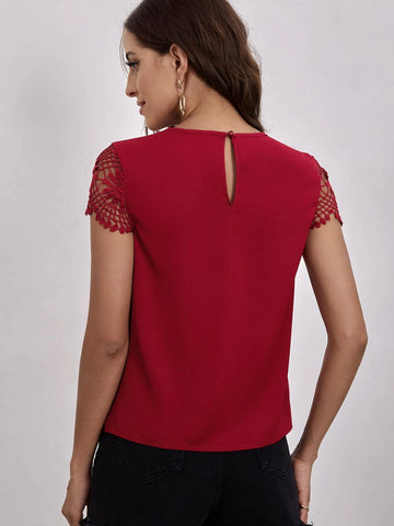 Keyhole Neck Guipure Lace Blouse