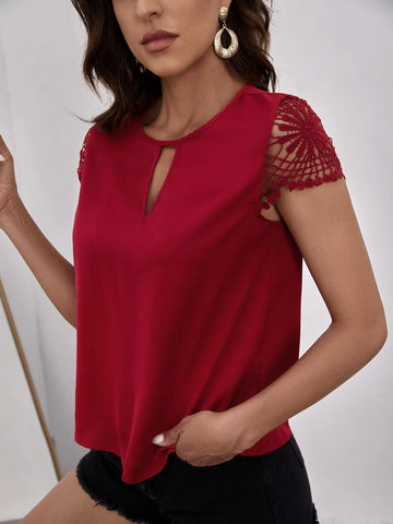 Keyhole Neck Guipure Lace Blouse