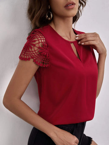 Keyhole Neck Guipure Lace Blouse