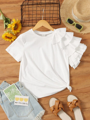 Teen Girls Solid Layered Sleeve Tee