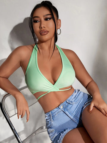 Plunging Neck Tie Backless Crop Halter Top