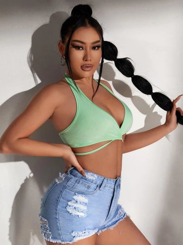 Plunging Neck Tie Backless Crop Halter Top