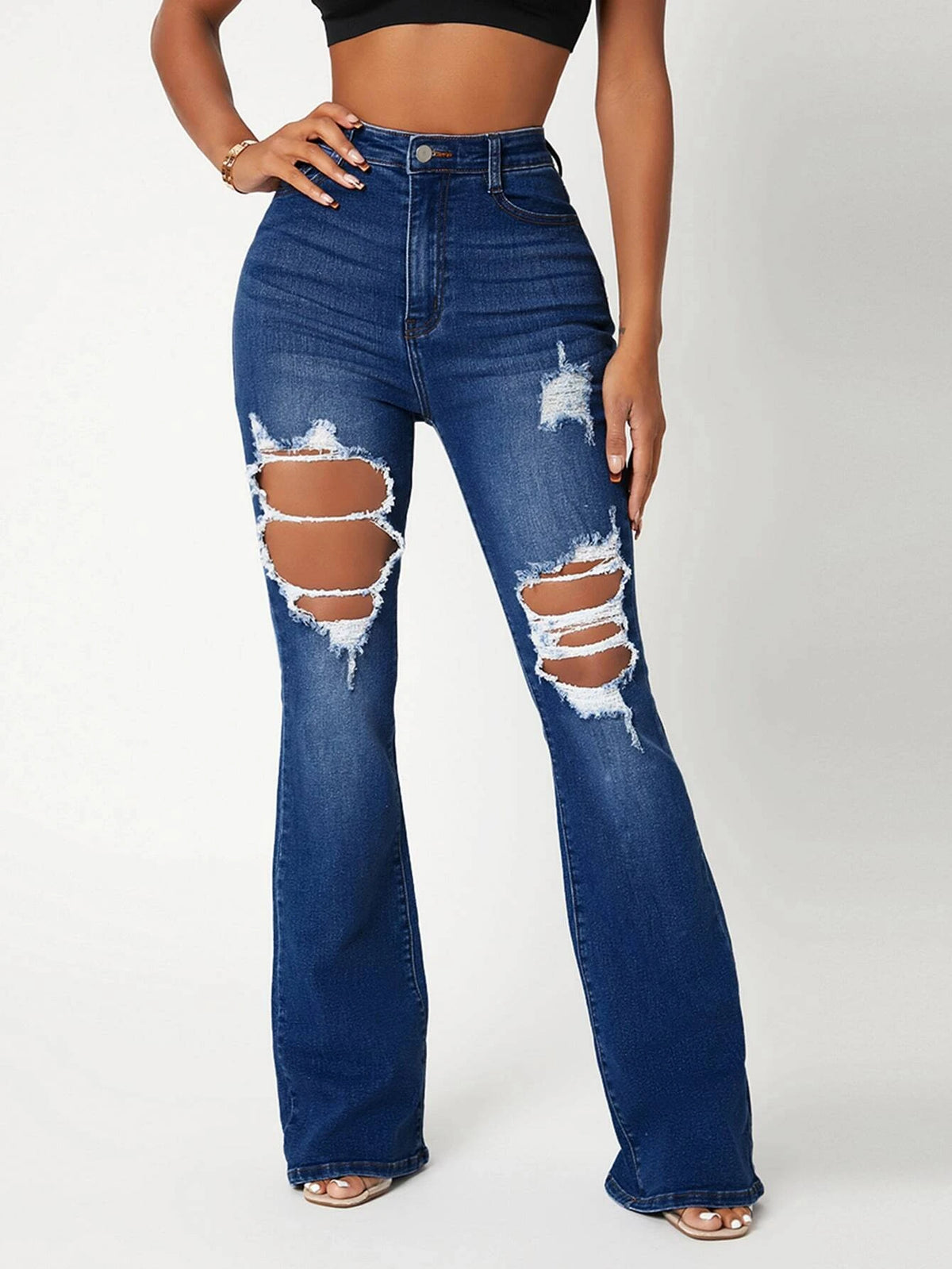 SXY High Waist Ripped Detail Flare Leg Jeans