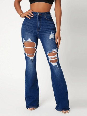 SXY High Waist Ripped Detail Flare Leg Jeans