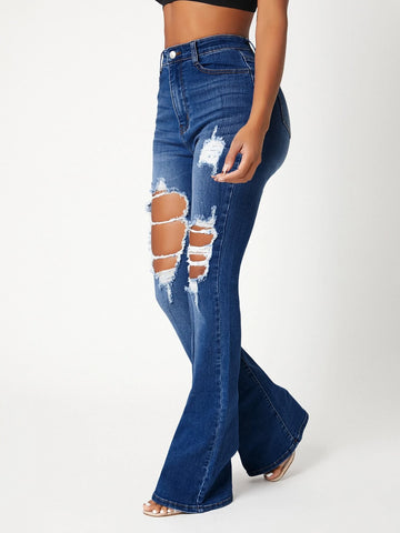 SXY High Waist Ripped Detail Flare Leg Jeans