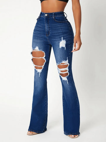 SXY High Waist Ripped Detail Flare Leg Jeans