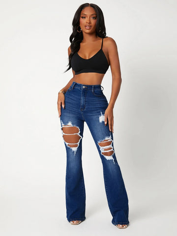 SXY High Waist Ripped Detail Flare Leg Jeans