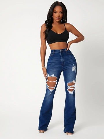 SXY High Waist Ripped Detail Flare Leg Jeans