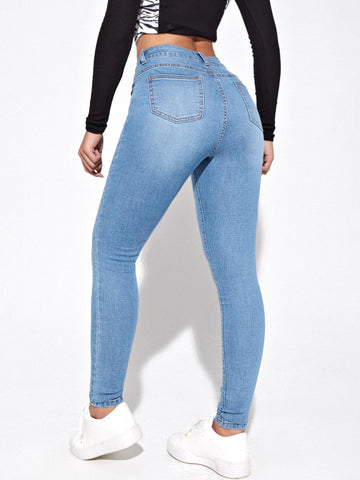 High Waist Bleach Wash Skinny Jeans