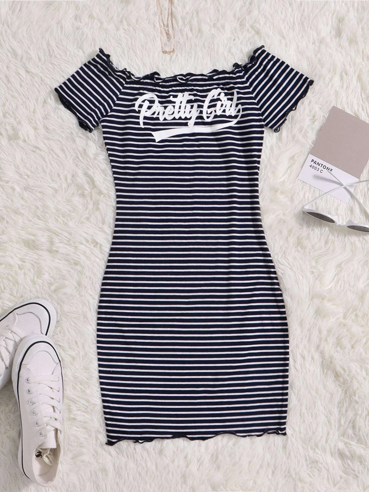 Teen Girls Striped Letter Graphic Off Shoulder Dress