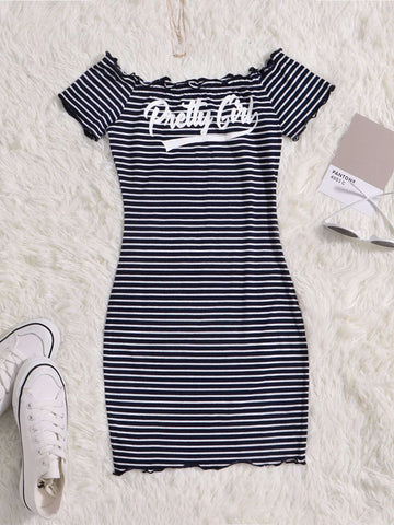 Teen Girls Striped Letter Graphic Off Shoulder Dress