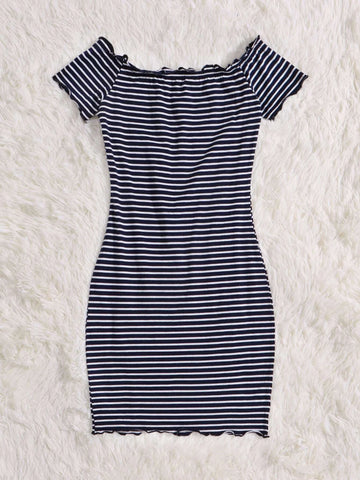 Teen Girls Striped Letter Graphic Off Shoulder Dress