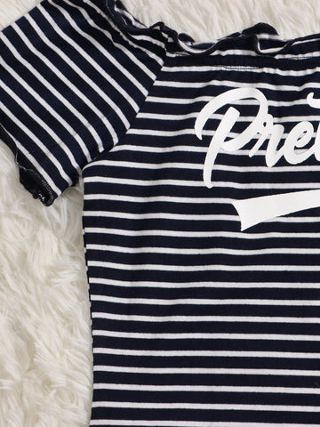 Teen Girls Striped Letter Graphic Off Shoulder Dress