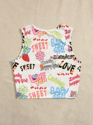 Teen Girls Letter & Floral Print Tank Top