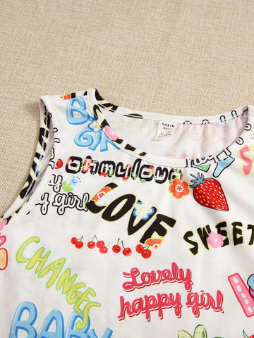 Teen Girls Letter & Floral Print Tank Top