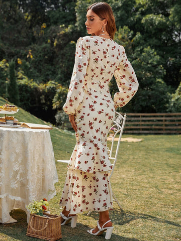 Allover Floral Print Ruched Layered Hem Dress