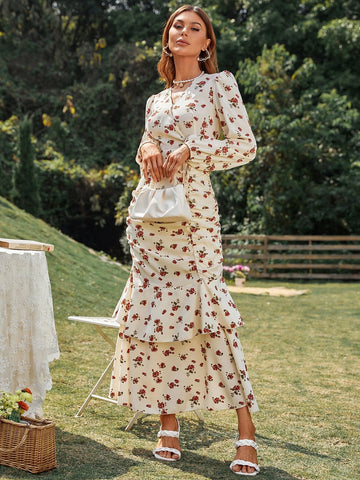 Allover Floral Print Ruched Layered Hem Dress