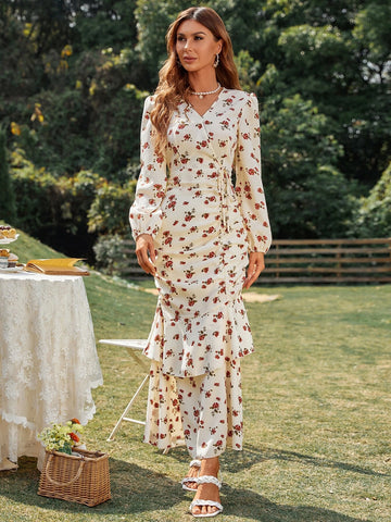 Allover Floral Print Ruched Layered Hem Dress