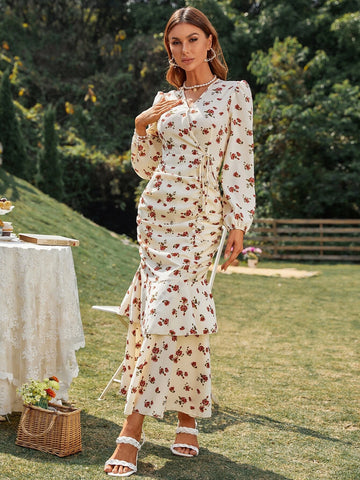 Allover Floral Print Ruched Layered Hem Dress