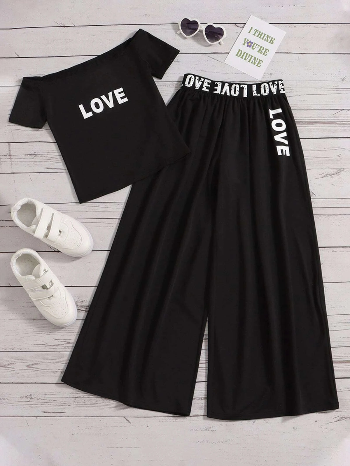 Girls Letter Graphic Off Shoulder Tee & Wide Leg Pants