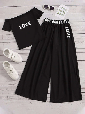 Girls Letter Graphic Off Shoulder Tee & Wide Leg Pants