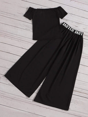 Girls Letter Graphic Off Shoulder Tee & Wide Leg Pants
