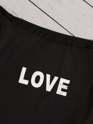 Girls Letter Graphic Off Shoulder Tee & Wide Leg Pants