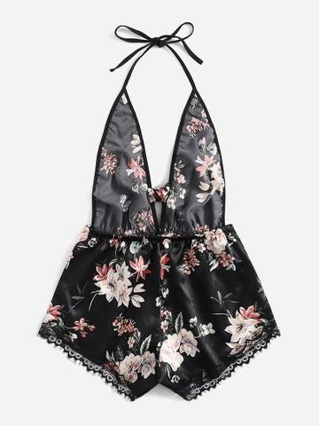 Floral Print Knot Front Eyelash Lace Trim Satin Teddy Bodysuit