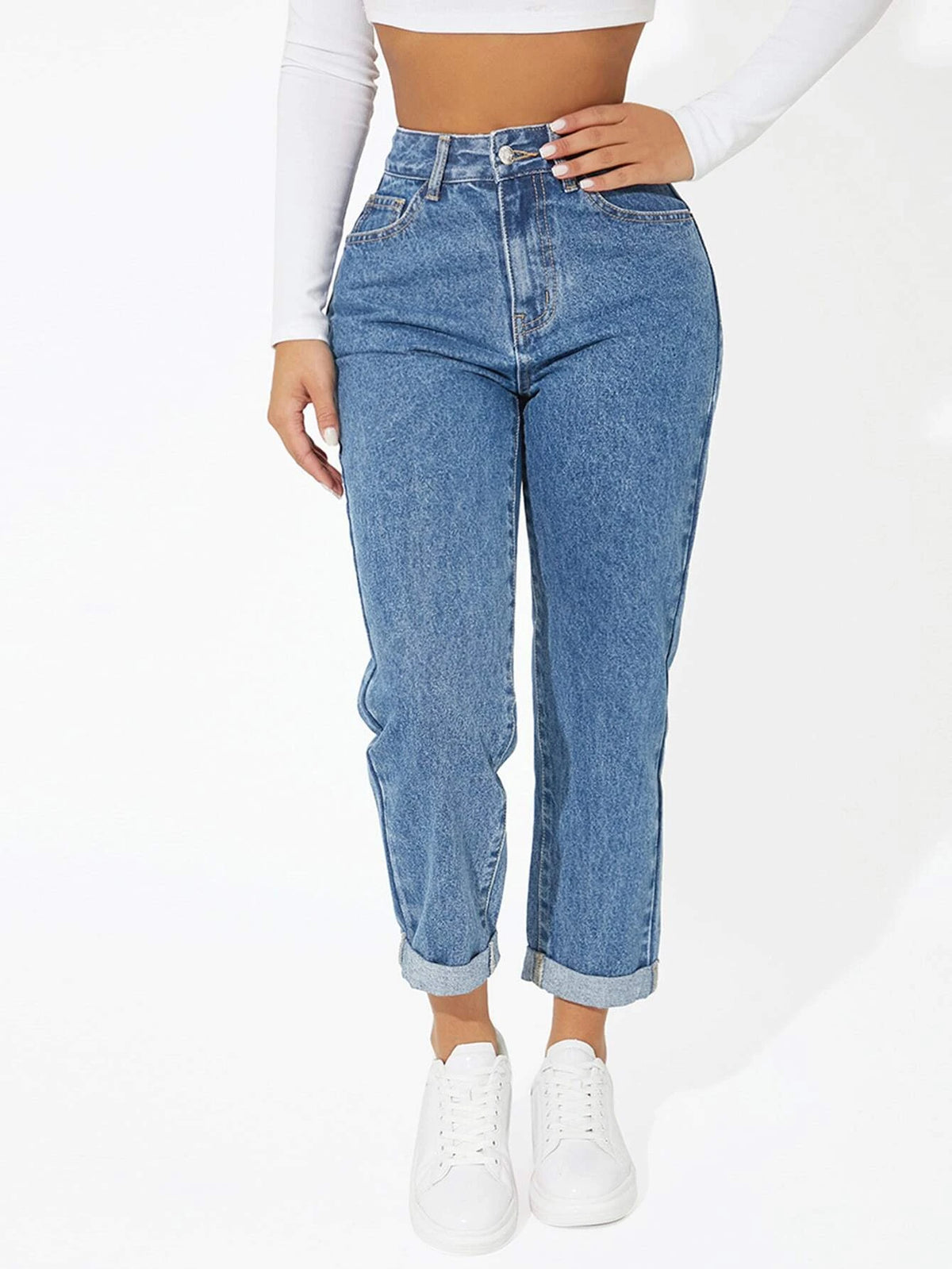 PETITE High Waist Roll Hem Cropped Jeans