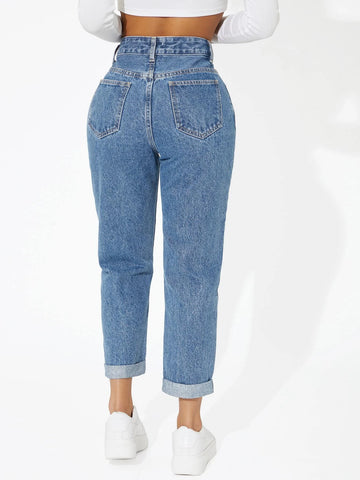 PETITE High Waist Roll Hem Cropped Jeans