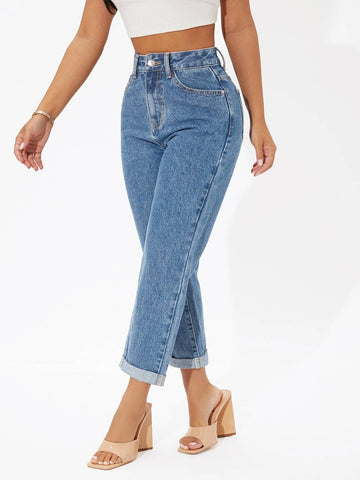PETITE High Waist Roll Hem Cropped Jeans