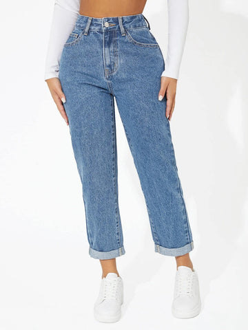 PETITE High Waist Roll Hem Cropped Jeans
