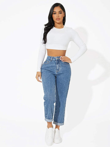 PETITE High Waist Roll Hem Cropped Jeans