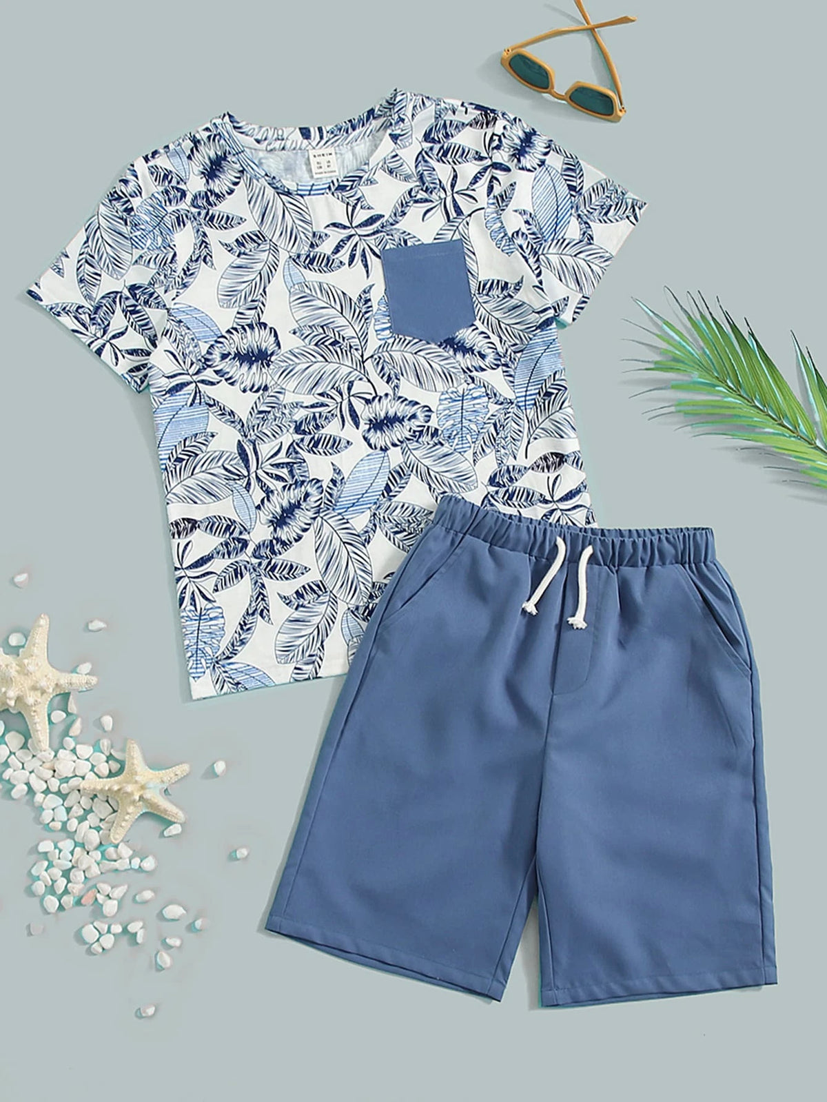 Boys Tropical Print Tee & Drawstring Waist Shorts