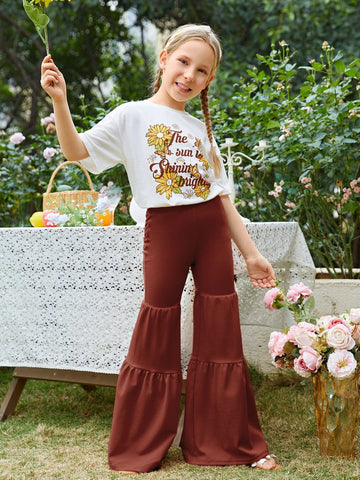 Girls Slogan & Floral Print Drop Shoulder Tee & Flare Leg Pants