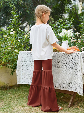 Girls Slogan & Floral Print Drop Shoulder Tee & Flare Leg Pants