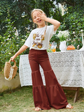 Girls Slogan & Floral Print Drop Shoulder Tee & Flare Leg Pants