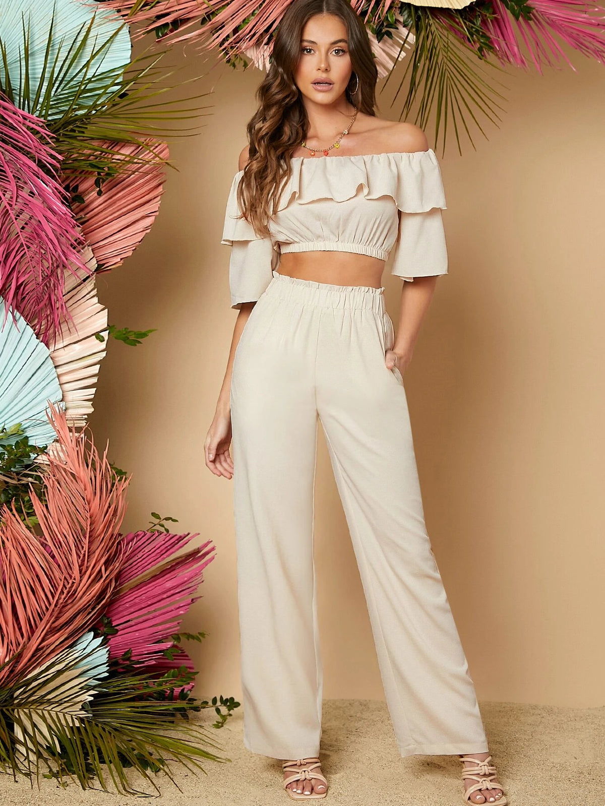 VCAY Off Shoulder Ruffle Trim Crop Top & Paper Bag Waist Pants