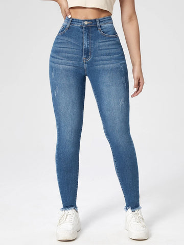 High Waist Cat Scratch Raw Hem Skinny Jeans