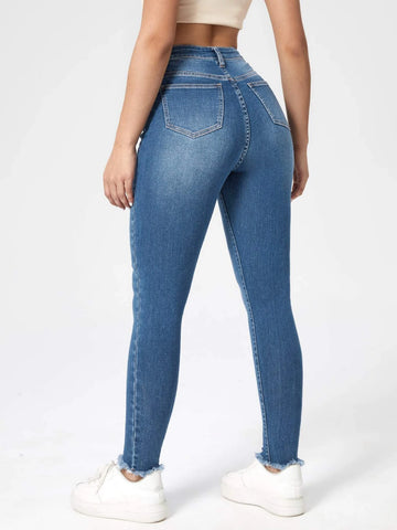 High Waist Cat Scratch Raw Hem Skinny Jeans