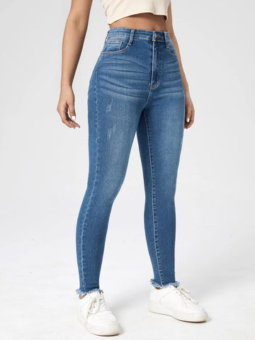 High Waist Cat Scratch Raw Hem Skinny Jeans