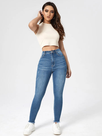 High Waist Cat Scratch Raw Hem Skinny Jeans