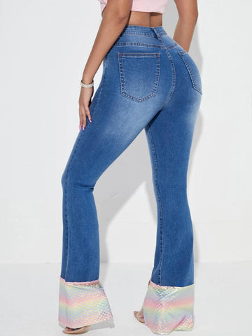 SXY Fish Scales Print Tulip Hem Flare Leg Jeans