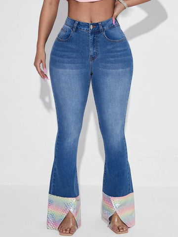SXY Fish Scales Print Tulip Hem Flare Leg Jeans