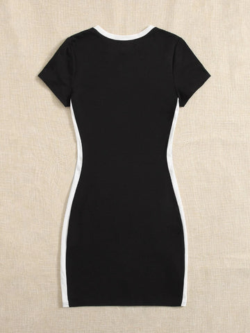 Teen Girls Letter Graphic Contrast Trim Dress